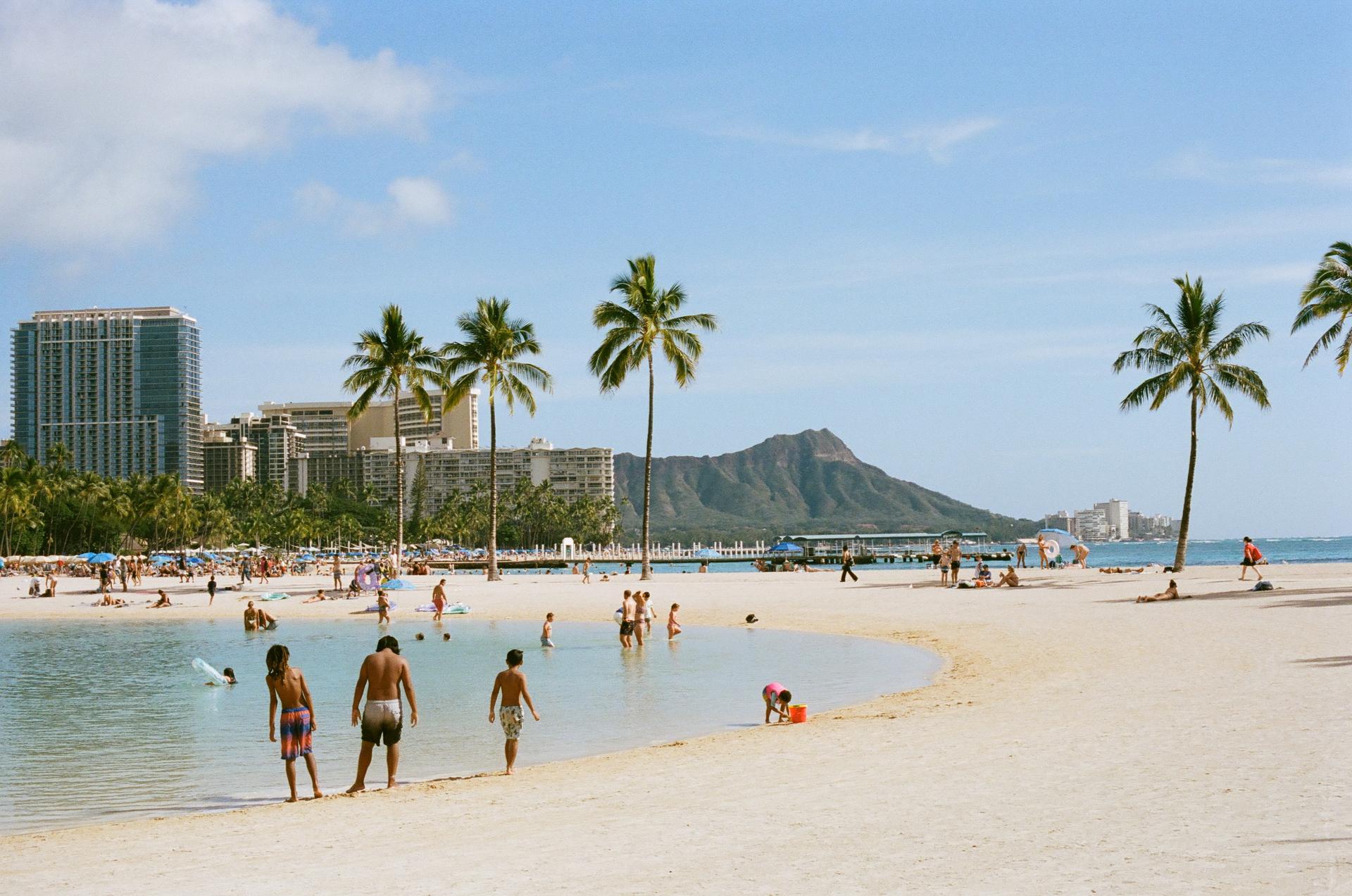 Lagoon with Waikiki beach and Diamond Head in the distance.