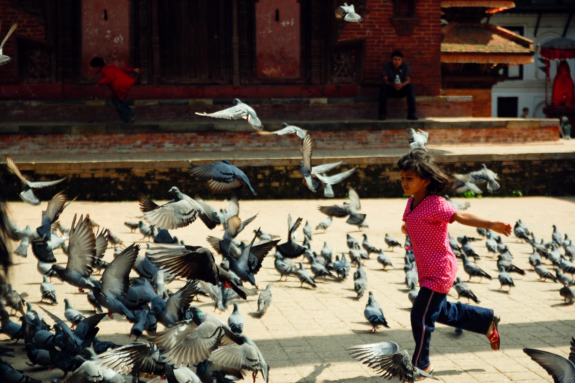 Girl running into a flock of pigeons at Durbar Square