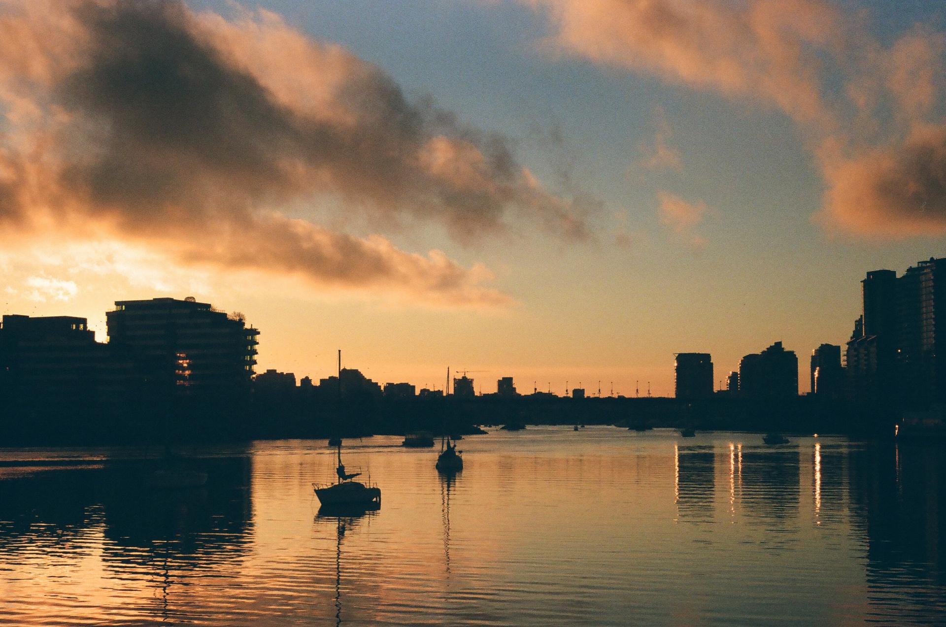 Sail boats at False Creek at dusk